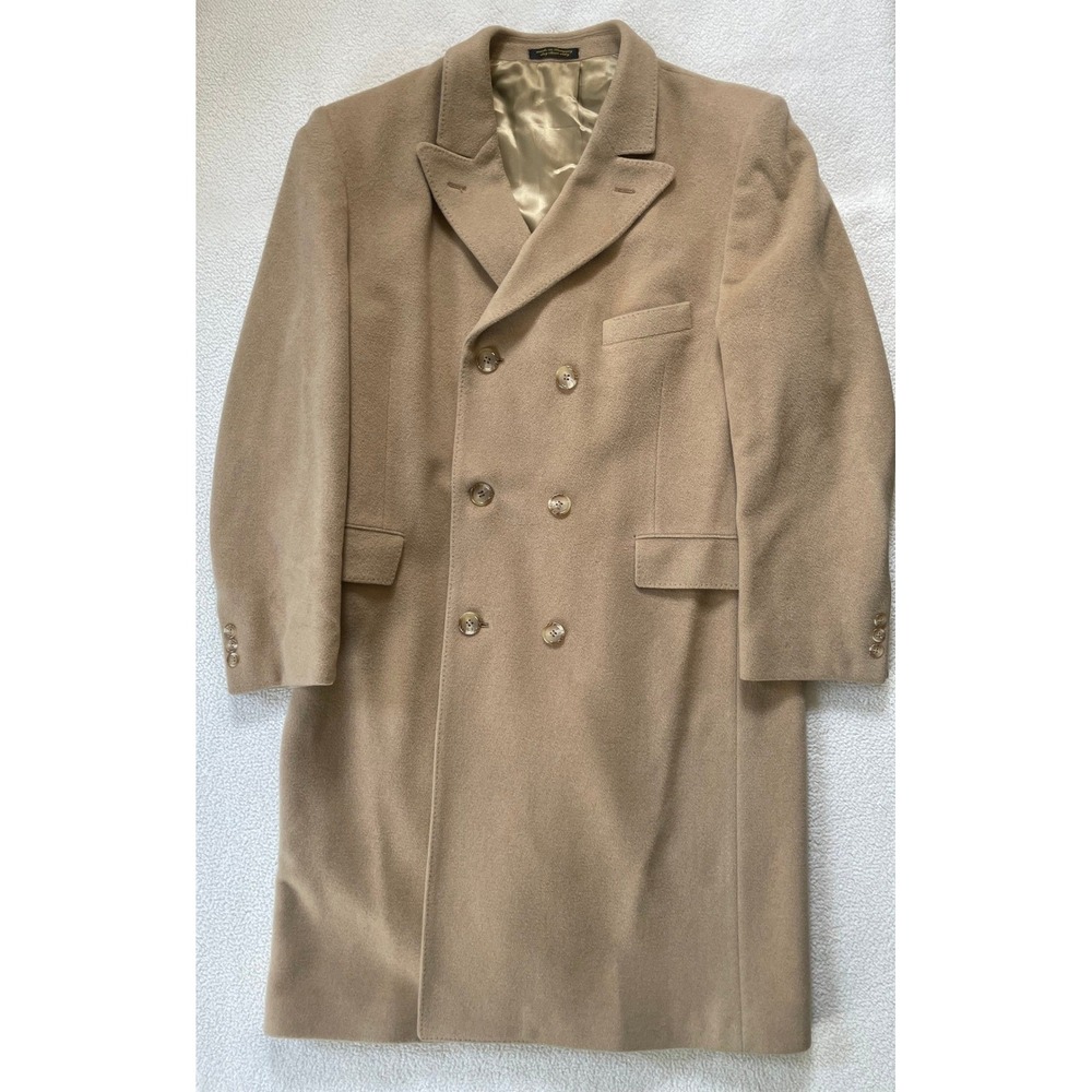 Anderson-Little Mens 48 Overcoat Camel Tan Double Breasted Wool Blend Hungary
